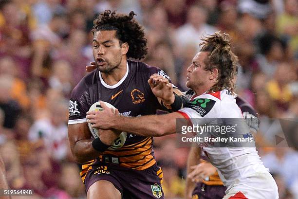 Adam Blair of the Broncos attempts to break away from the defence during the round six NRL match between the Brisbane Broncos and the St George...