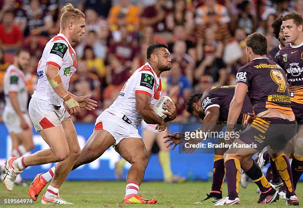 Dumamis Lui of the Dragons takes on the defence during the round six NRL match between the Brisbane Broncos and the St George Illawarra Dragons at...
