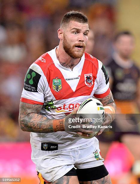 Josh Dugan of the Dragons runs with the ball during the round six NRL match between the Brisbane Broncos and the St George Illawarra Dragons at...