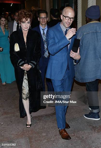 Actress Carolyn Hennesy and actor Jim Rash are seen on April 6, 2016 in Los Angeles, California.