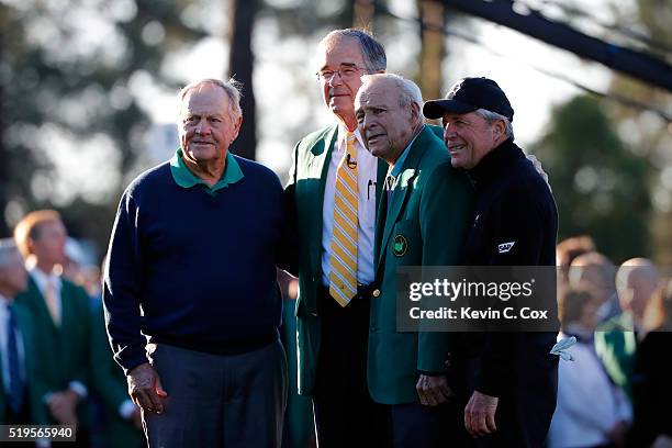 Honorary starters Jack Nicklaus , Arnold Palmer , Gary Player and Chairman of Augusta National, William Porter Payne attend the ceremonial tee off to...
