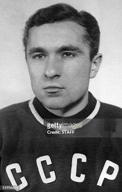 Portrait taken in Sapporo in 1954 of speed skater Yevgeny Grishin from the Soviet Union. Grishin won four gold medals at the Winter Olympic Games in...