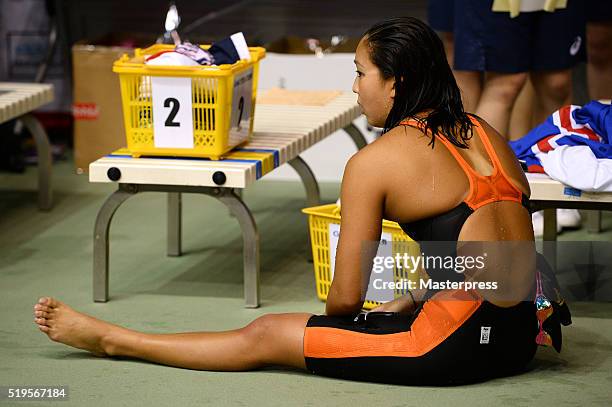 Kanako Watanabe of Japan looks on after the Women's 200m Individual medley final during the Japan Swim 2016 at Tokyo Tatsumi International Swimming...