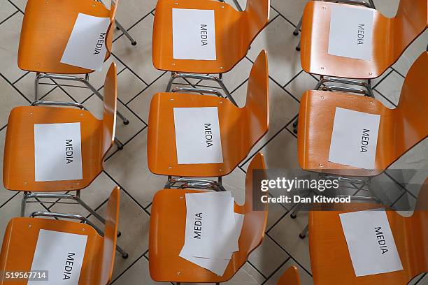 Chairs for the media are laid out before British Prime Minister David Cameron addressed students at Exeter University on April 7, 2016 in Exeter,...