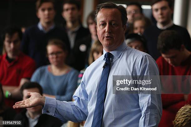 British Prime Minister David Cameron addresses students at Exeter University on April 7, 2016 in Exeter, England. The Government have announced that...