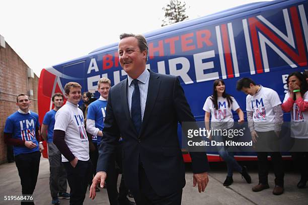 British Prime Minister David Cameron joins students at the launch of the 'Brighter Future In' campaign bus at Exeter University on April 7, 2016 in...