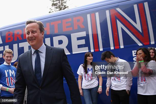 British Prime Minister David Cameron joins students at the launch of the 'Brighter Future In' campaign bus at Exeter University on April 7, 2016 in...