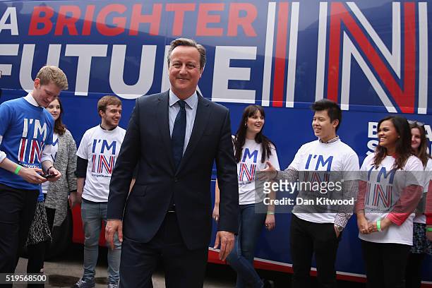 British Prime Minister David Cameron joins students at the launch of the 'Brighter Future In' campaign bus at Exeter University on April 7, 2016 in...