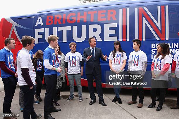 British Prime Minister David Cameron joins students at the launch of the 'Brighter Future In' campaign bus at Exeter University on April 7, 2016 in...