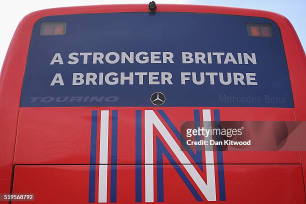 Exeter University students gather at the launch of the 'Brighter Future In' campaign bus at Exeter University on April 7, 2016 in Exeter, England....