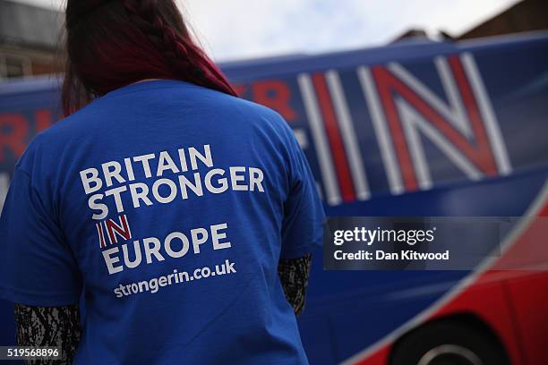 Student poses as Exeter University students gather at the launch of the 'Brighter Future In' campaign bus at Exeter University on April 7, 2016 in...