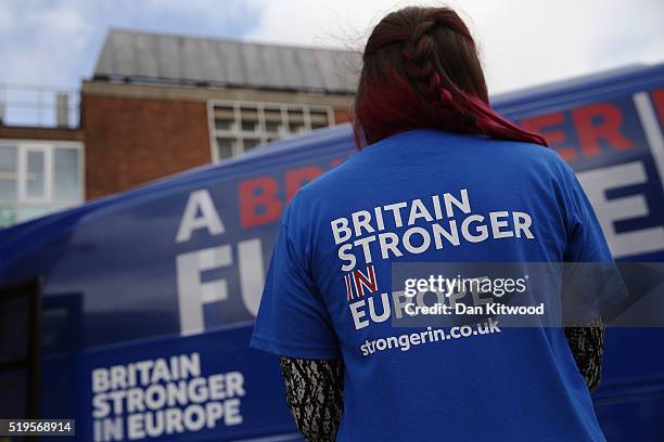 Student poses as Exeter University students gather at the launch of the 'Brighter Future In' campaign bus at Exeter University on April 7, 2016 in...