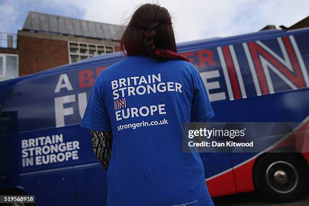 Student poses as Exeter University students gather at the launch of the 'Brighter Future In' campaign bus at Exeter University on April 7, 2016 in...