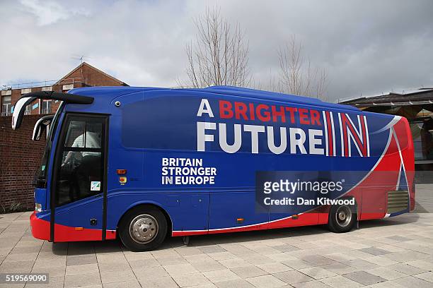 Exeter University students gather at the launch of the 'Brighter Future In' campaign bus at Exeter University on April 7, 2016 in Exeter, England....