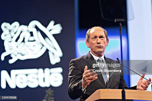 Paul Bulcke, chief executive officer of Nestle SA, speaks during the company's annual general meeting in Vevey, Switzerland, on Thursday, April 7,...