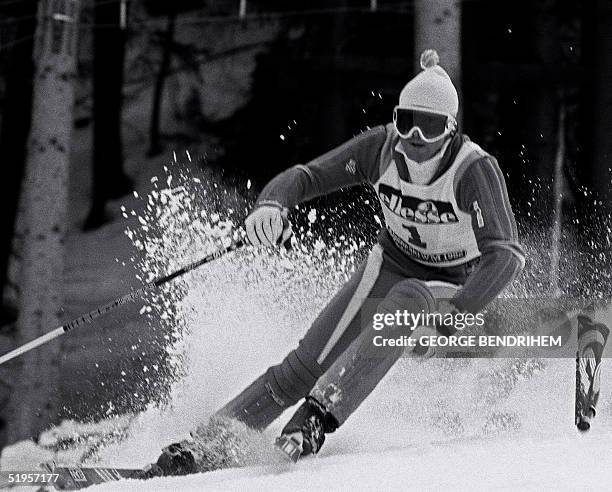 Swedish skier Ingemar Stenmark clears a gate during the men's slalom at the World Championships 07 February 1982 in Schladming. Stenmark won the gold...