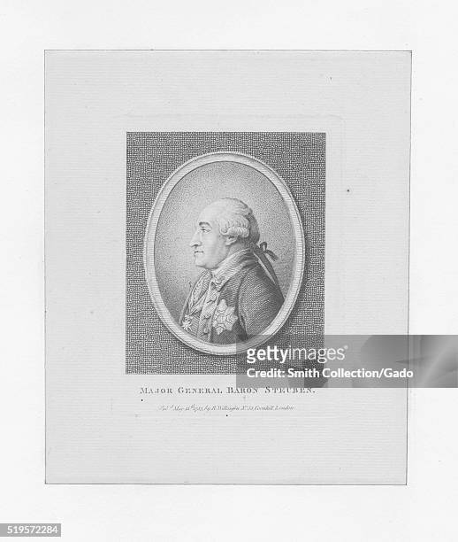 Engraved portrait of Major General Friedrich Wilhem von Steuben, known commonly as Baron von Steuben, a Prussian-born American military officer who...