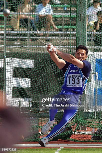 Koji Murofushi competes in the Men's Hammer Throw during day three of the JAAF Japan National Championships at the Ishikawa Kanazawa Stadium on June...