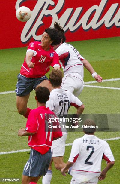 Ahn Jung-Hwan of South Korea heads the ball to score his team's first goal during the FIFA World Cup Korea/Japan Group D match between South Korea...