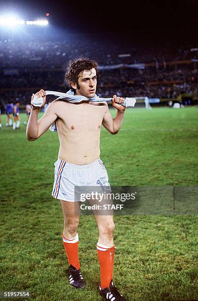 French midfielder Michel Platini walks off the field after Italy beat France 2-1 in their World Cup first round soccer match 02 June 1978 in Mar del...