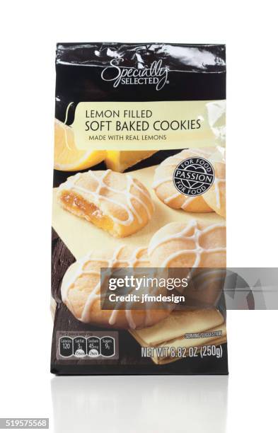 specially selected lemon filled soft baked cookies pack - packet biscuits stock pictures, royalty-free photos & images