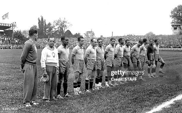 Brazilian national soccer team players are lined up before the start of their World Cup preliminary round soccer match against Poland 05 June 1938 in...