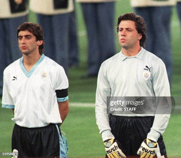 Portraits of Uruguayan captain and midfielder Enzo Francescoli and goalkeeper Fernando Alvez taken 17 June 1990 in Verona before the start of the...