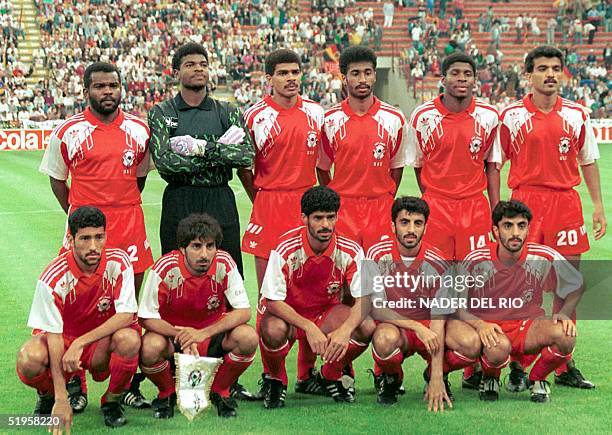 File photo dated 15 June 1990 shows United Arab Emirates national soccer team players pose for the official group picture at the Giuseppe Meazza...