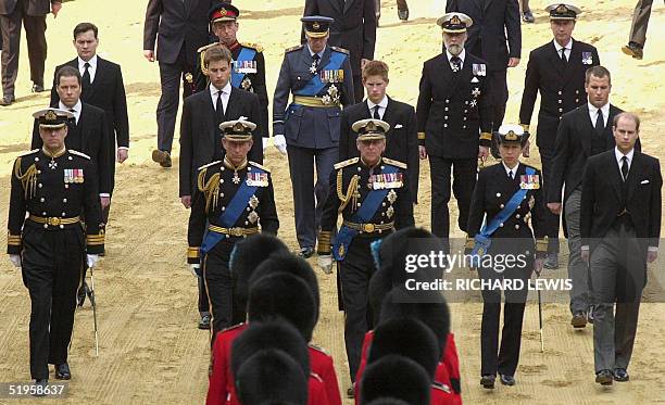 Viscount Linley, Prince William, Prince Harry, Peter Phillips. Rear row, from left, Daniel Chatto, the Duke of Kent, the Duke of Gloucester, Prince...