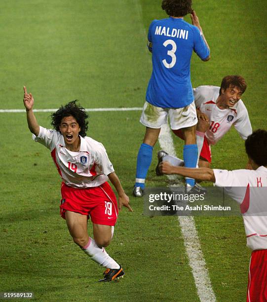 Ahn Jung-Hwan of South Korea celebrates scoring the golden goal during the FIFA World Cup Korea/Japan Round of 16 match between South Korea and Italy...