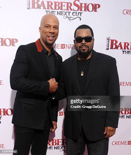 Common and Ice Cube arrive at the premiere of New Line Cinema's "Barbershop: The Next Cut" at TCL Chinese Theatre on April 6, 2016 in Hollywood,...