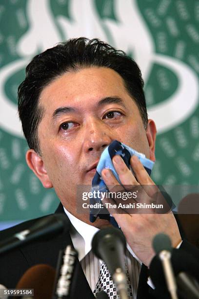 Nagano Prefecture Governor Yasuo Tanaka speaks during a press conference after the prefectural assembly called for a no-confidence motion against him...