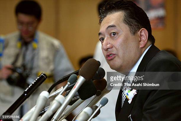Nagano Prefecture Governor Yasuo Tanaka speaks during a press conference after the prefectural assembly called for a no-confidence motion against him...