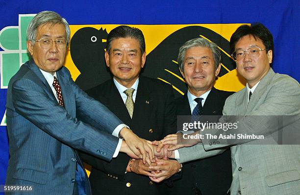 Japan Football Association Vice President Masaru Suzuki, President Saburo Kawabuchi, Vice President Sonkyo Nomura and Managing Director Takeo Hirata...