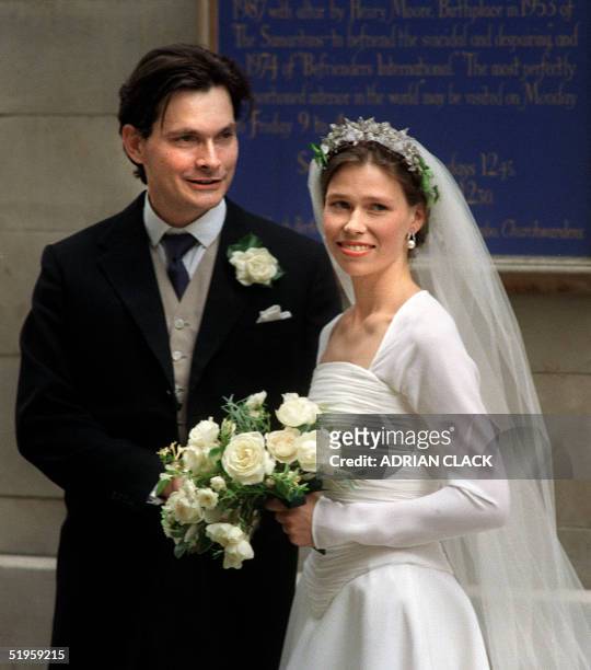 Bride Sarah Armstrong-Jones daughter of Britain's Princess Margaret and Lord Snowdon with her groom Daniel Chatto after their wedding at St Stephen...