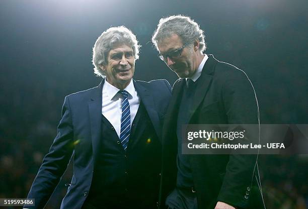 Coaches Manuel Pellegrini of Man City and Laurent Blanc of PSG at the final whistle during the UEFA Champions League Quarter Final First Leg match...