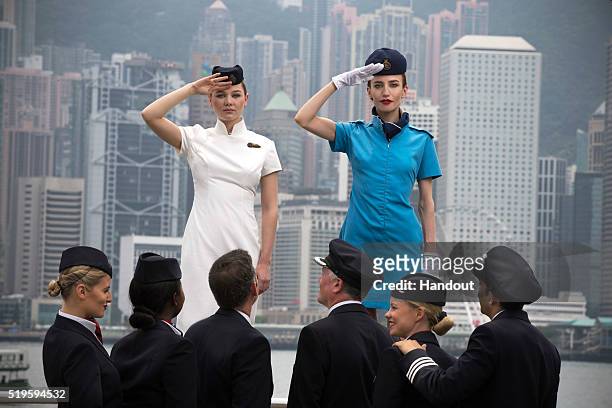 In this handout image provided by British Airways, Models Imogen Waterhouse and Lizzy Jagger take part in a British Airways heritage fashion shoot...