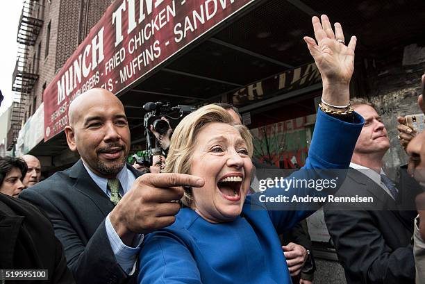 Democratic presidential candidate Hillary Clinton campaigns with borough President Ruben Diaz Jr. On April 7, 2016 in the Bronx borough of New York...