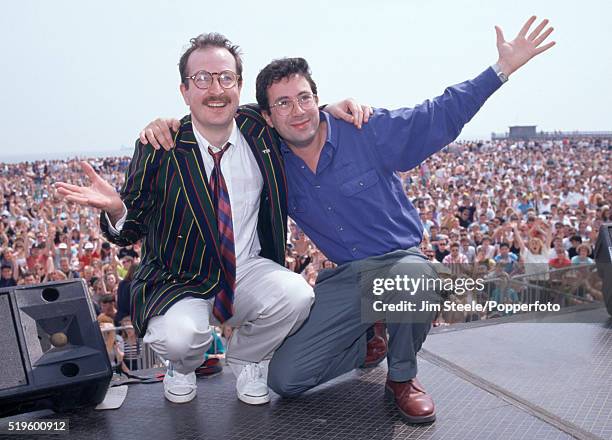 Steve Wright and Ben Elton during the BBC radio One Roadshow in Great Yarmouth, circa August 1991.