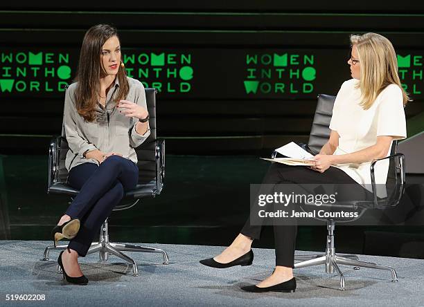 Journalists Melanie Gouby and Katty Kay speak onstage at Environmental Warriors during Tina Brown's 7th Annual Women In The World Summit at David H....