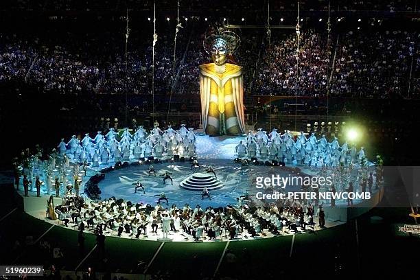 Dancers perform during the halftime show at Super Bowl XXXIV at the Georgia Dome in Atlanta, GA 30 January, 2000.