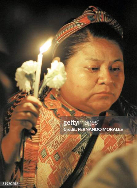 Rigoberta Menchu maintains a vigel on the anniversary of the massacre of 38 people. La Premio Nobel de la paz 1992, y lider indigena guatemalteca...