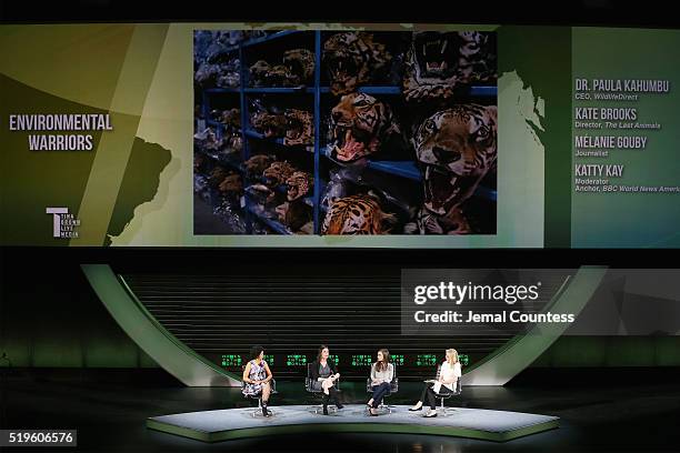 Dr. Paula Kahumbu, Kate Brooks, Melanie Gouby and Katty Kay speak onstage at Environmental Warriors during Tina Brown's 7th Annual Women In The World...