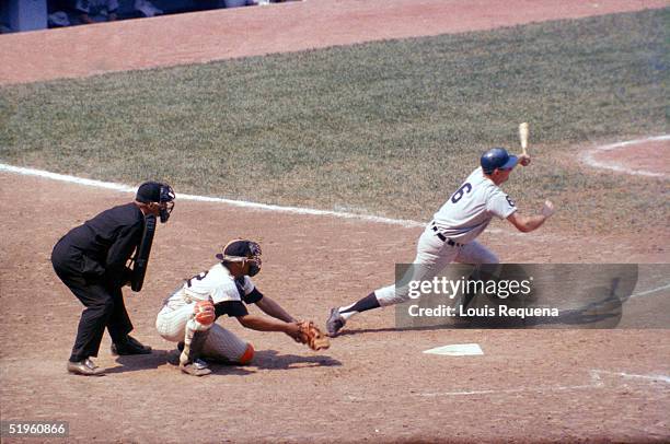 Al Kaline of the Detroit Tigers makes a hit during a season game. Al Kaline played for the Detroit Tigers from 1953-1974.