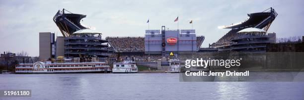 Panoramic view of Heinz Field from the rivers edge at dusk, as the Pittsburgh Steelers host the New York Jets on December 12, 2004 in the Pittsburgh,...