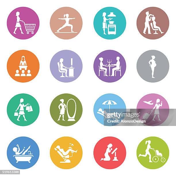 woman life icons - couple making dinner stock illustrations