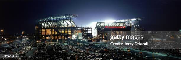 Exterior night view of Lincoln Financial Field, home of the Philadelphia Eagles during a game against the Washington Redskins on November 21, 2004 in...