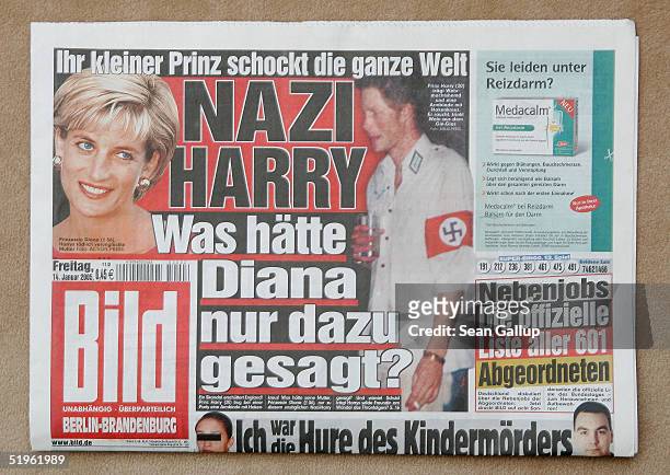 The headline of the German tabloid "Bild" asks "Nazi Harry - What Would Diana Have Said About That?" and features the story of British Prince Harry...