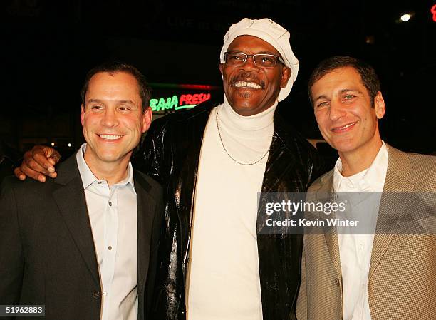 Producers Brian Robbins and Mike Tollin pose with actor Samuel L. Jackson at the premiere of Paramounts' "Coach Carter" at the Chinese Theater on...