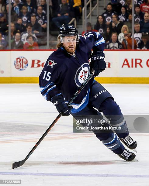 Matt Halischuk of the Winnipeg Jets follows the play down the ice during second period action against the Chicago Blackhawks at the MTS Centre on...